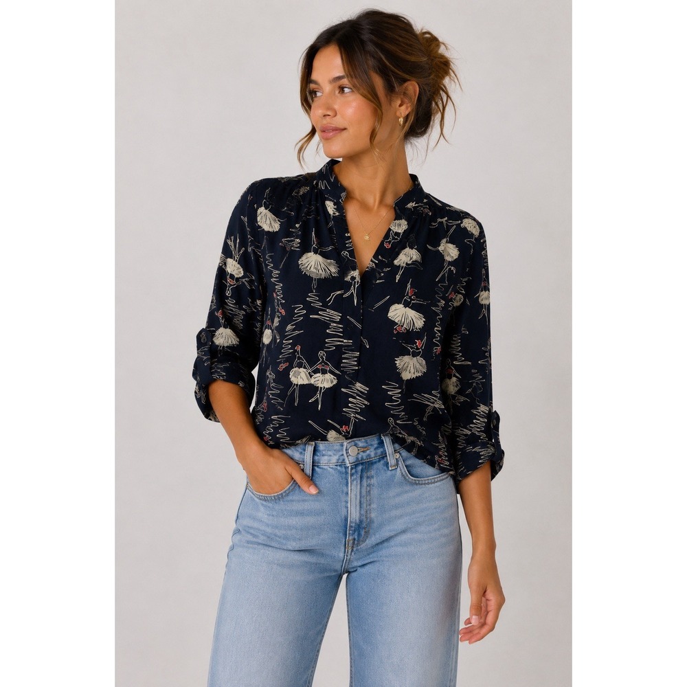 Cals Blouse XS Navy Floral 34 Sleeve Button Down Lightweight Boho Chic